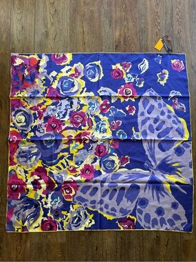 Wensli Bold Floral & Butterfly Silk Scarf in Royal Blue, Magenta, Yellow